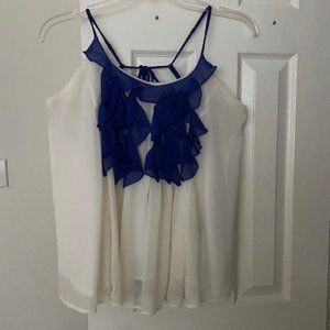 Cecico Sheer Cream Layered Blue Ruffle Tank Top Large